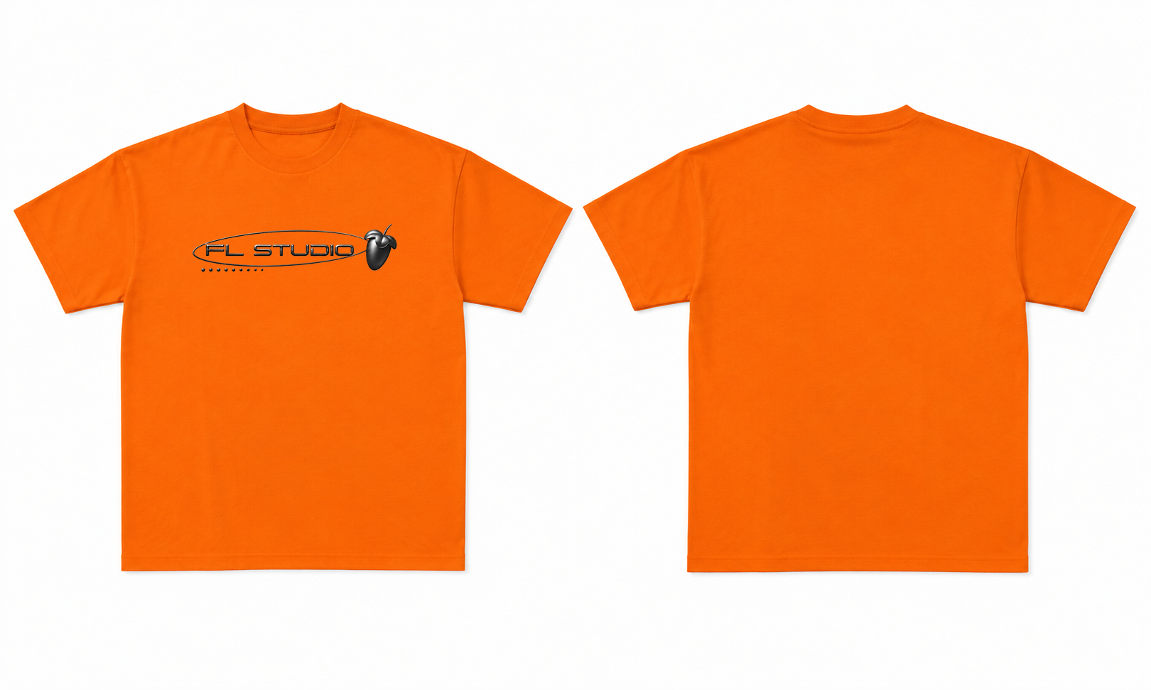 Orange t-shirt with a logo on the front, displayed from front and back views.